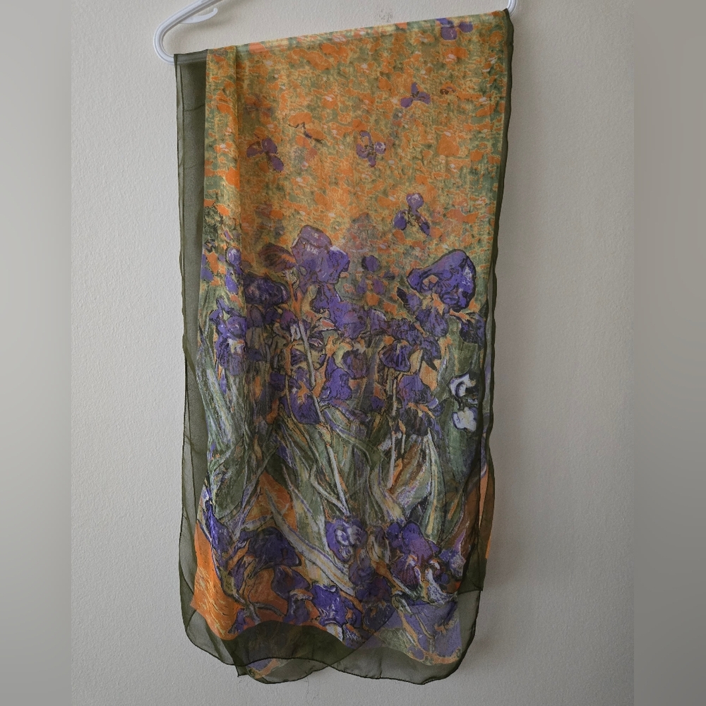Floral Sheer Scarf with Orange and Purple Iris Design